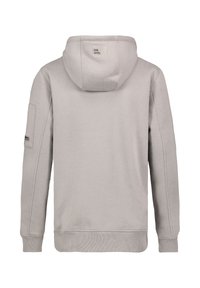 Gray hooded sweatshirt with a smooth texture, featuring a label on the back and a side pocket on the left sleeve. Simple design, casual fit.