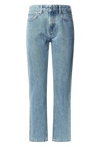 Light blue denim jeans with a straight cut, featuring a high waist, five-pocket design, and subtle fading. Classic button and zipper closure.