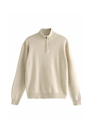 Maglione beige a maniche lunghe con colletto alto a costine e zip lunga metà, polsini e orlo a costine, adagiato su uno sfondo bianco.