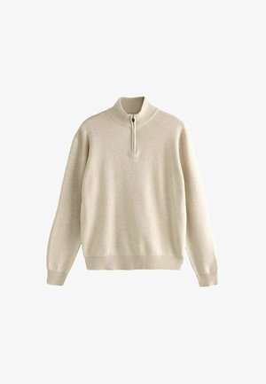 Maglione beige a maniche lunghe con colletto alto a costine e zip lunga metà, polsini e orlo a costine, adagiato su uno sfondo bianco.