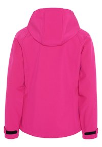 Pink softshell jacket featuring a hood, stitched seams, and adjustable Velcro cuffs. Smooth texture with a solid color design.