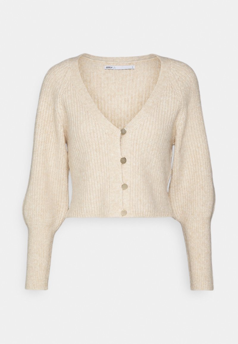 Beige knit cardigan with a V-neck, cropped design, and long puff sleeves. Features four gold-toned buttons down the front and ribbed texture.