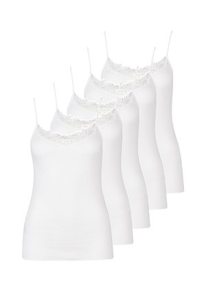 Five white sleeveless camisoles with lace trim at the neckline, arranged in a layered, slightly overlapping row.