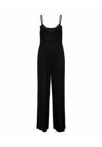 Combinaison noire avec un corsage en dentelle, bretelles spaghetti ajustables, pantalons à jambes larges et délicat bord scallopé. Texture douce sur l'ensemble.