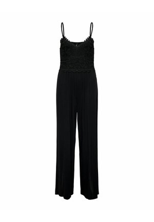 Fekete overál csipkebodrral, állítható pántos, bővülő nadrággal és finom, scallop díszítéssel. Puha tapintású az egész.