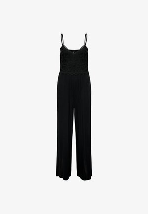 Fekete overál csipkebodrral, állítható pántos, bővülő nadrággal és finom, scallop díszítéssel. Puha tapintású az egész.