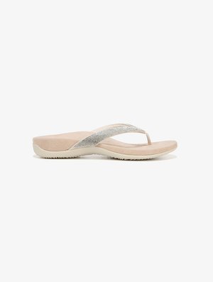 Sandale en plastique beige avec une semelle texturée et une bride décorative en argent. La semelle est légère et flexible avec un motif strié pour une meilleure adhérence.