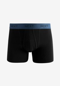 Caleçons boxers noirs avec une ceinture élastique bleue portant le mot "NEXT" tissé en noir. Coupe classique et tissu lisse pour le confort.