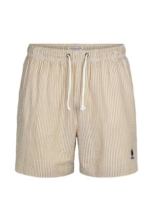 Svītrainās beidžs peldkostīmu šortos, kas izgatavoti no auduma ar auklu viduklī, ir šauri krēmkrāsas svītriņas un neliela logo apakšējā labajā pusē.