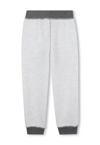 Gray and white sweatpants made of soft fabric, featuring a dark gray elastic waistband and cuffs, with a tapered fit and minimal design.