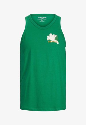 Top estivo verde in cotone con scollo tondo e senza maniche, caratterizzato da un logo stampato in bianco e giallo sul davanti.