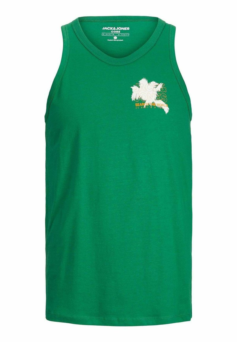 Top estivo verde in cotone con scollo tondo e senza maniche, caratterizzato da un logo stampato in bianco e giallo sul davanti.