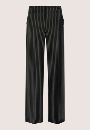 Schwarze gestreifte Hose mit geradem Schnitt, dünnen weißen vertikalen Streifen, weichem Stoff und flachem Bunddesign.