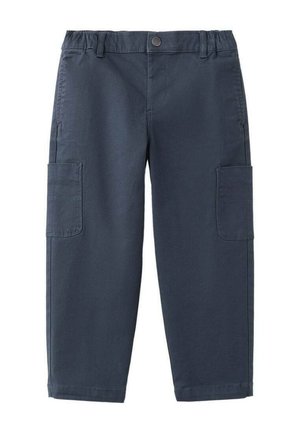 Marineblauwe cargobroek met elastische tailleband, knoopsluiting, riemlussen en zakken op beide dijen.