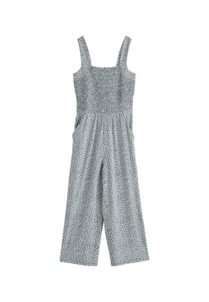 Mouwloze jumpsuit met wijde pijpen, een gerimpeld lijfje en een kleine blauwe bloemenprint op lichtgrijze stof, voorzien van zijzakken.