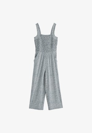 Mouwloze jumpsuit met wijde pijpen, een gerimpeld lijfje en een kleine blauwe bloemenprint op lichtgrijze stof, voorzien van zijzakken.
