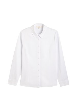 Camisa blanca de manga larga, con botones en la parte delantera y un cuello clásico, que presenta una textura suave y botones espaciados uniformemente.