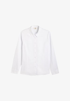 Weißes, langärmeliges Hemd mit klassischem Kragen, das eine glatte Textur aufweist und gleichmäßig verteilte Knöpfe an der Vorderseite hat.