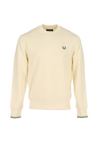 Felpa giallo chiaro in cotone, con scollo tondo, maniche lunghe, polsini a coste e un piccolo logo nero sul petto.