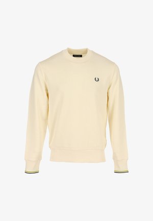 Felpa giallo chiaro in cotone, con scollo tondo, maniche lunghe, polsini a coste e un piccolo logo nero sul petto.