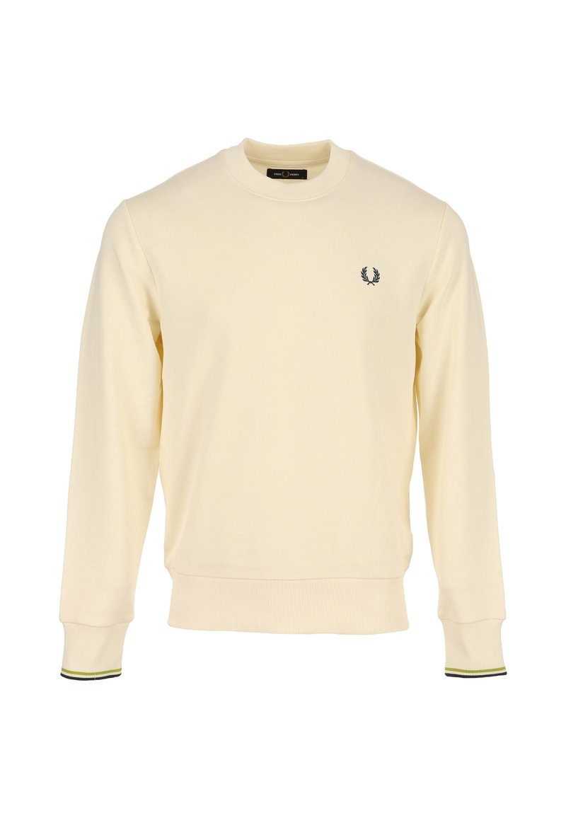 Felpa giallo chiaro in cotone, con scollo tondo, maniche lunghe, polsini a coste e un piccolo logo nero sul petto.