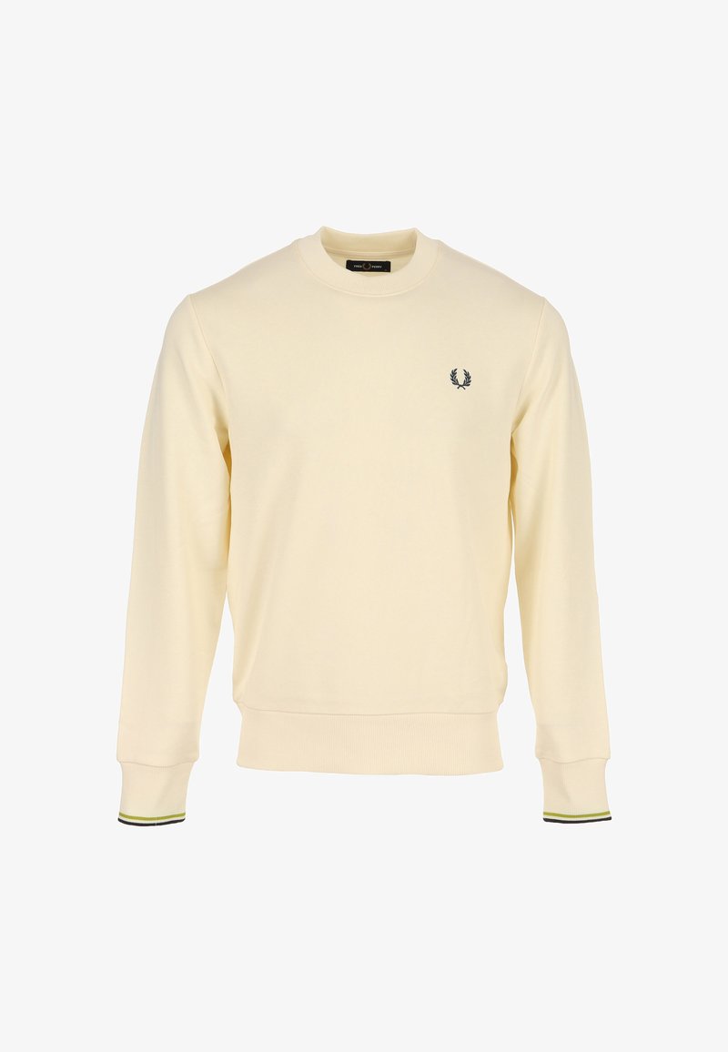 Felpa giallo chiaro in cotone, con scollo tondo, maniche lunghe, polsini a coste e un piccolo logo nero sul petto.