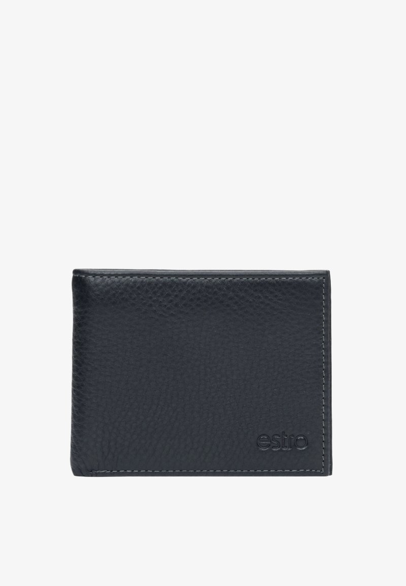 Zwarte leren portemonnee met een gestructureerd oppervlak, afgeronde hoeken en witte stiksels. Voorzien van het geïmplosioneerde "estro" logo op de voorkant.