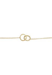 Bracciale in tono dorato con due anelli intrecciati, uniti da una sottile catena. Design minimalista con superficie liscia e lucida.