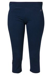 Marinblå capri leggings i elastisk polyester, med en bred midja, platta sömmar och Adidas-logotypen på höften.