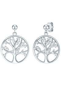 Pendientes circulares de plata con un diseño de árbol, adornados con piedras claras brillantes como hojas. Acabado suave con un brillo pulido.