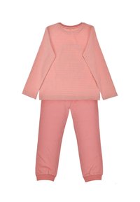 Pink long-sleeve striped top with matching solid pink jogger pants. Soft cotton material with elastic cuffs and waistband for comfort.