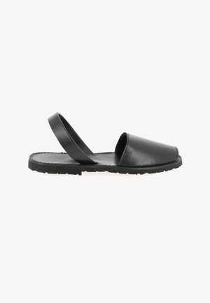 Black leather sandal with open toe, flat textured sole, and a back strap for heel support.