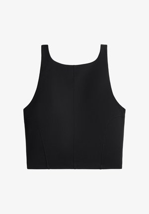 Zwart mouwloos cropped topje met brede schouderbanden en zichtbare naaddetails op een witte achtergrond.