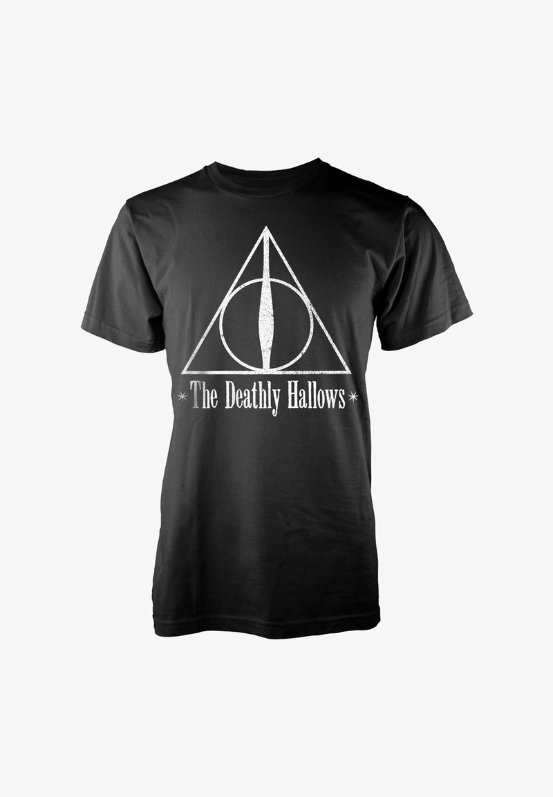 Camiseta de algodón negra con un símbolo de las Reliquias de la Muerte en blanco, con un diseño de triángulo, círculo y línea vertical, y texto debajo.