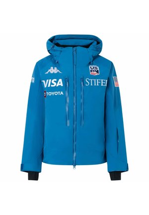 Giacca da sci impermeabile blu con cappuccio, chiusura frontale con zip, polsini regolabili e loghi. Caratterizzata da una texture liscia e un design elegante.