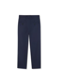 Navy blue trousers with a straight fit, made of durable fabric, featuring two back pockets with button closures. No patterns or accents.