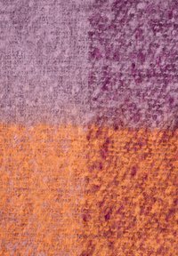 Wool fabric featuring a multicolored check pattern in shades of purple and orange with a soft, textured finish.