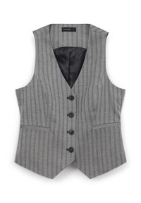 Gilet a spina di pesce grigio con scollatura a V, sei bottoni e due tasche. Interno foderato in nero, vestibilità sagomata e linee nette.