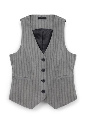 Gilet a spina di pesce grigio con scollatura a V, sei bottoni e due tasche. Interno foderato in nero, vestibilità sagomata e linee nette.