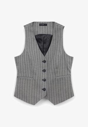 Gilet en chevrons gris avec un col en V, six boutons et deux poches. Doublure intérieure noire, coupe ajustée et finitions nettes.