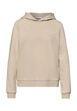 Beige Kapuzenpullover mit langen Ärmeln und kleinem weißem Schriftzug "Change Your Ways" auf der linken Brust.
