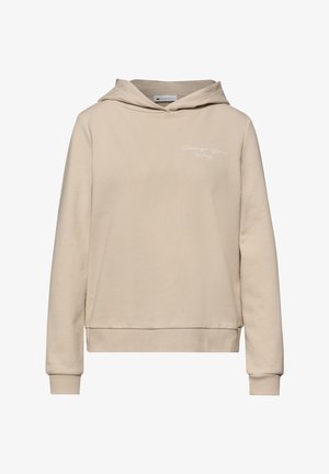 Beżowa bluza z kapturem i długimi rękawami, z niewielkim białym napisem "Change Your Ways" na lewej piersi.