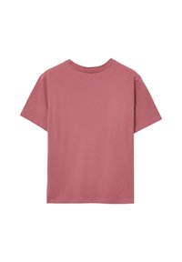 T-shirt corto a maniche corte di un delicato rosa polveroso, visto da dietro, con scollatura a girocollo e semplici dettagli di cucitura.