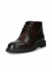 Stivali ankle in pelle marrone con punta arrotondata, lacci minimi e suola in gomma testurizzata. La superficie ha una finitura lucida.
