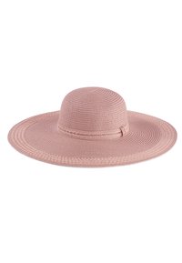 Różowy kapelusz z szerokim rondem, wykonany z materiału przypominającego plecionkę, z teksturowaną koroną i plecioną bandą wokół podstawy.