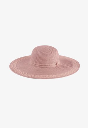 Różowy kapelusz z szerokim rondem, wykonany z materiału przypominającego plecionkę, z teksturowaną koroną i plecioną bandą wokół podstawy.