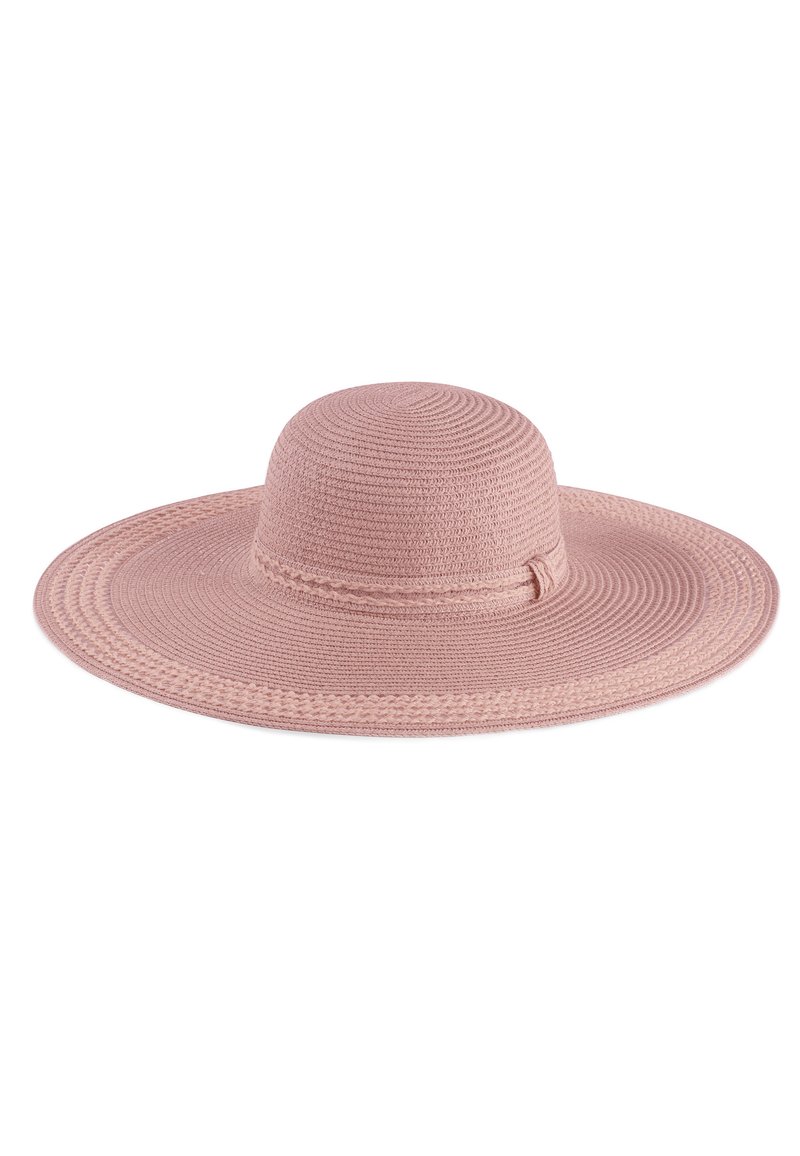 Różowy kapelusz z szerokim rondem, wykonany z materiału przypominającego plecionkę, z teksturowaną koroną i plecioną bandą wokół podstawy.