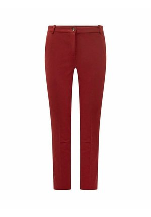 Pantaloni slim fit a gamba dritta in rosso scuro con passanti per cintura, chiusura con bottone e zip frontale nascosta.