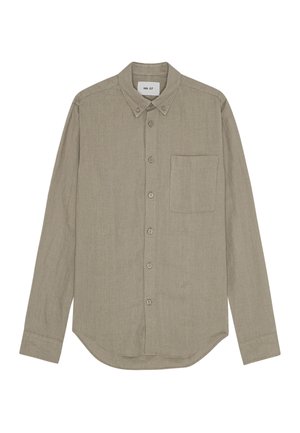 Light brown button-up shirt made from a textured fabric. Features a collar, long sleeves, and a chest pocket on the left side.