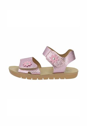 Pink metallic toddler sandal with two adjustable straps, flower-shaped embellishments, and a brown flexible sole.